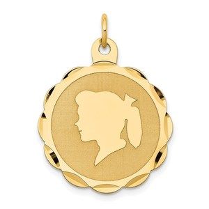 14k Yellow Gold Girl Head on .011 Gauge Engraveable Scalloped Disc Charm